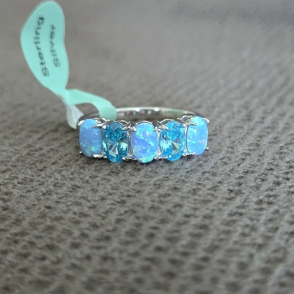 Cote d'Argent Blue🩵 Topaz And Lab🧪 Created Blue🩵 Fire🔥 Opal Heart Ring💍 - Picture 2 of 16